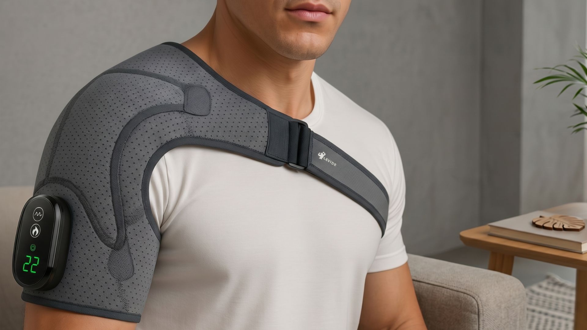 Levide heated shoulder massager worn across the shoulder