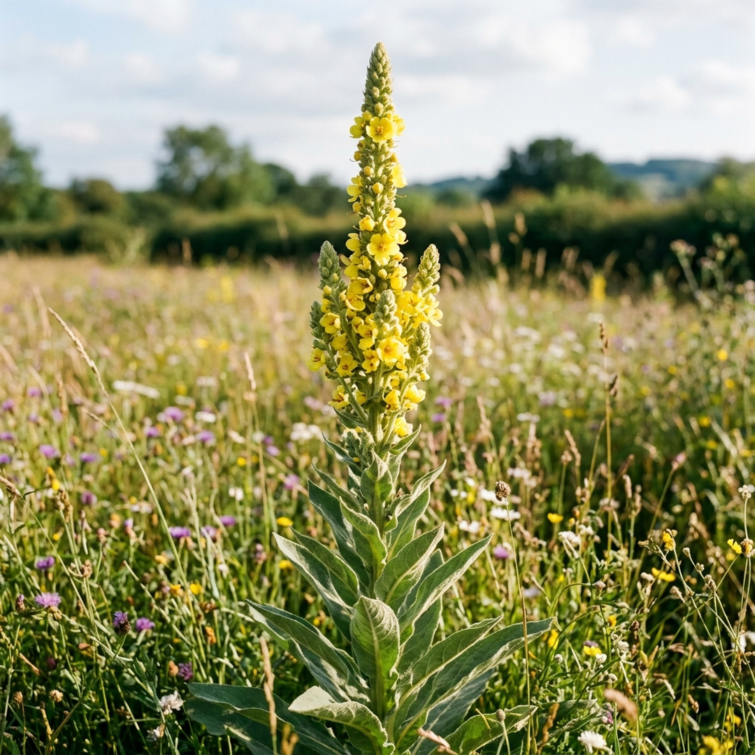 Tall mullein plant flowering in a wild meadow