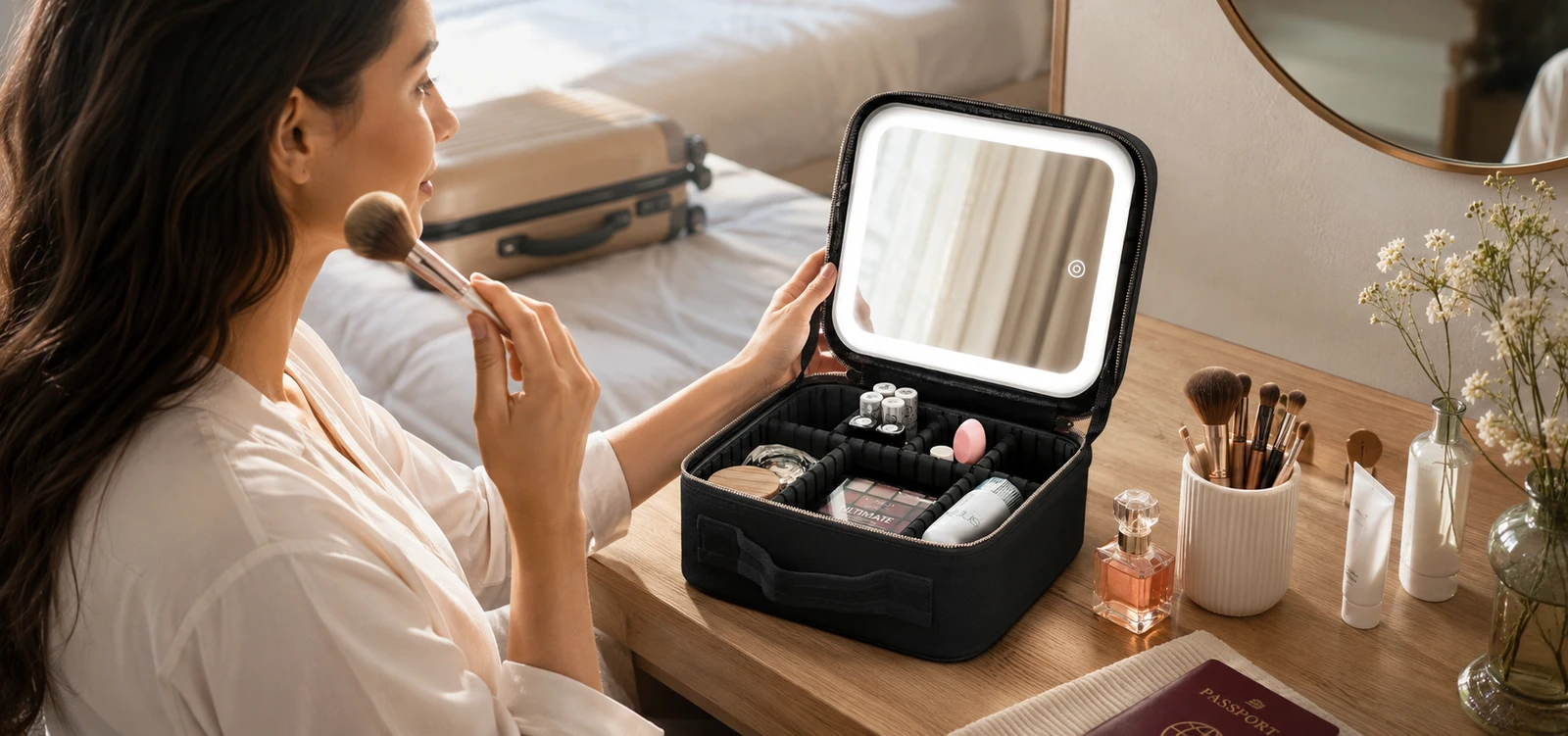 Woman using the NOBL LED travel makeup case