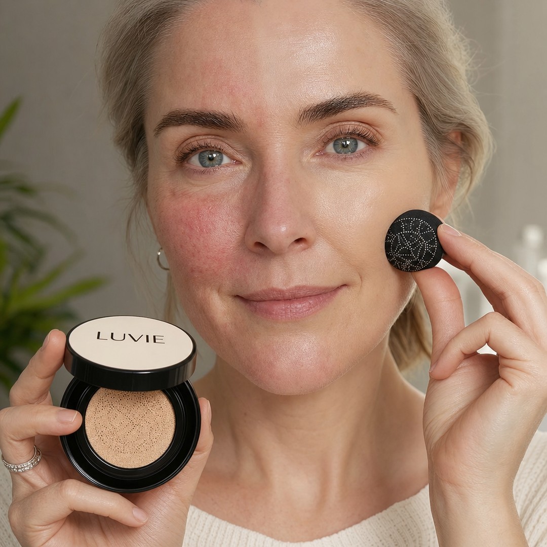 Half-applied demo: visible redness on the bare cheek, calmed even tone where the Luvie cushion is applied