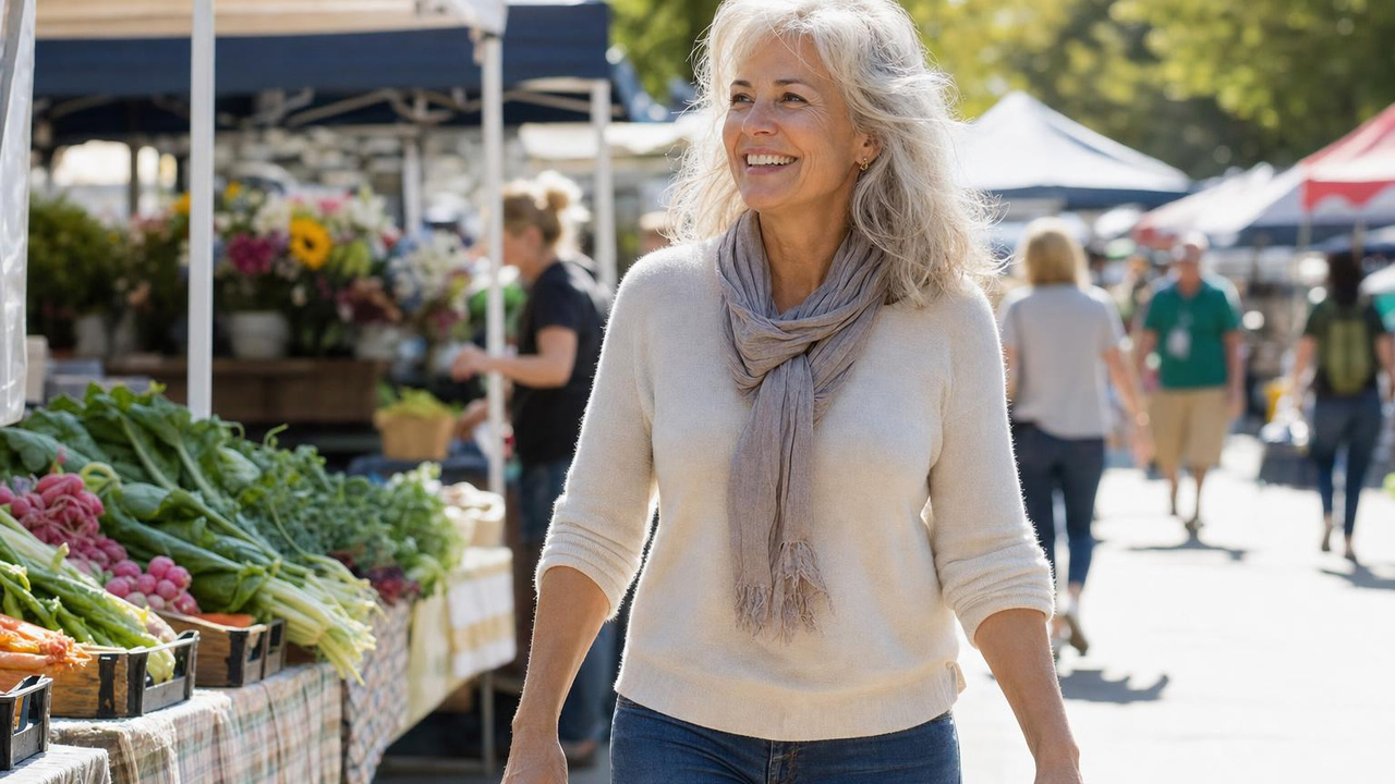 A healthy, energetic woman in her early sixties smiling outdoors
