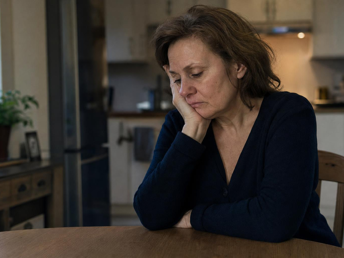 An exhausted woman resting her head in her hand at a kitchen table