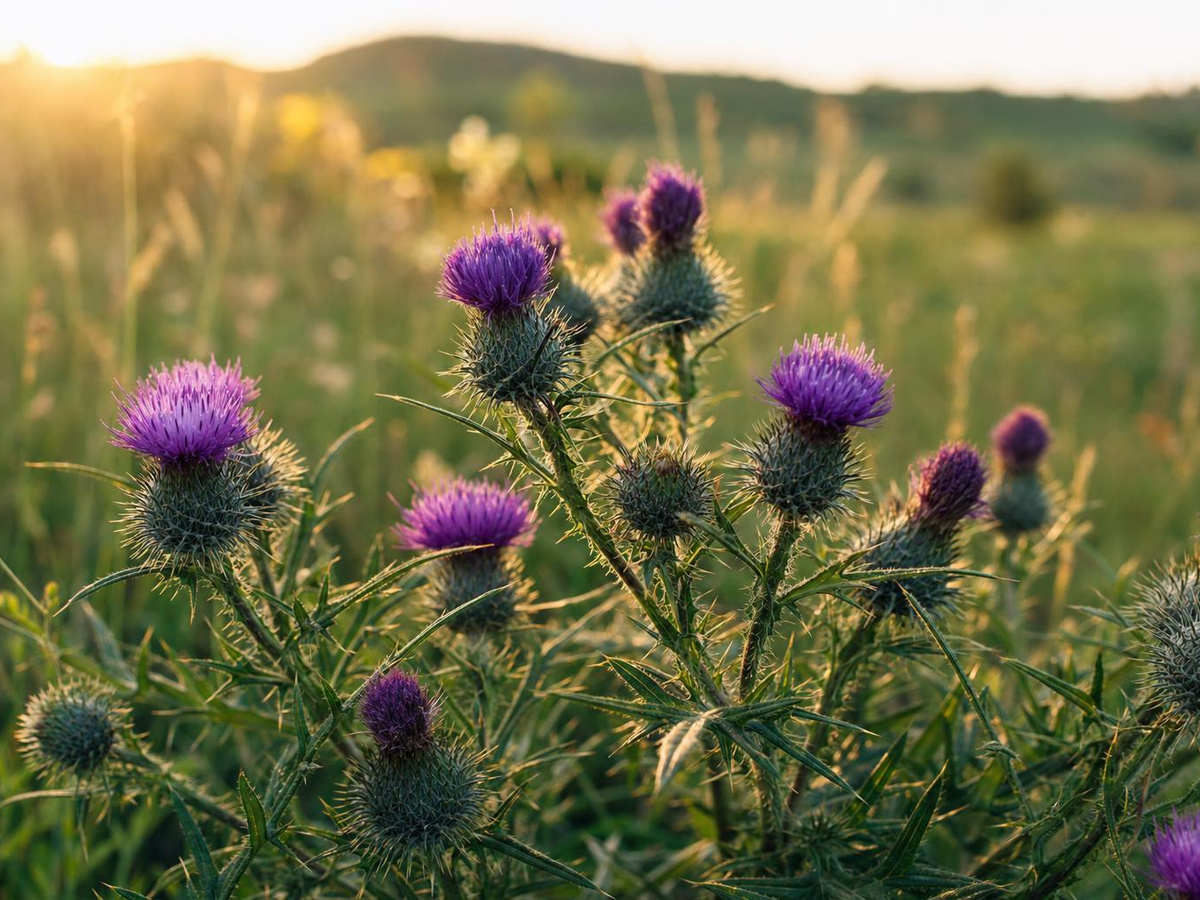 Wild milk thistle plants with purple flowers growing in a field
