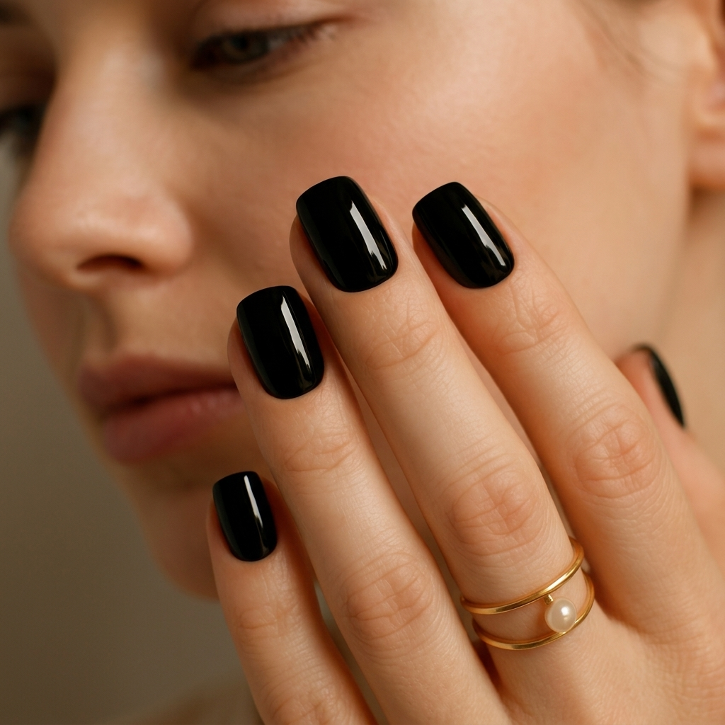 Woman wearing Blackout jet-black press-on nails