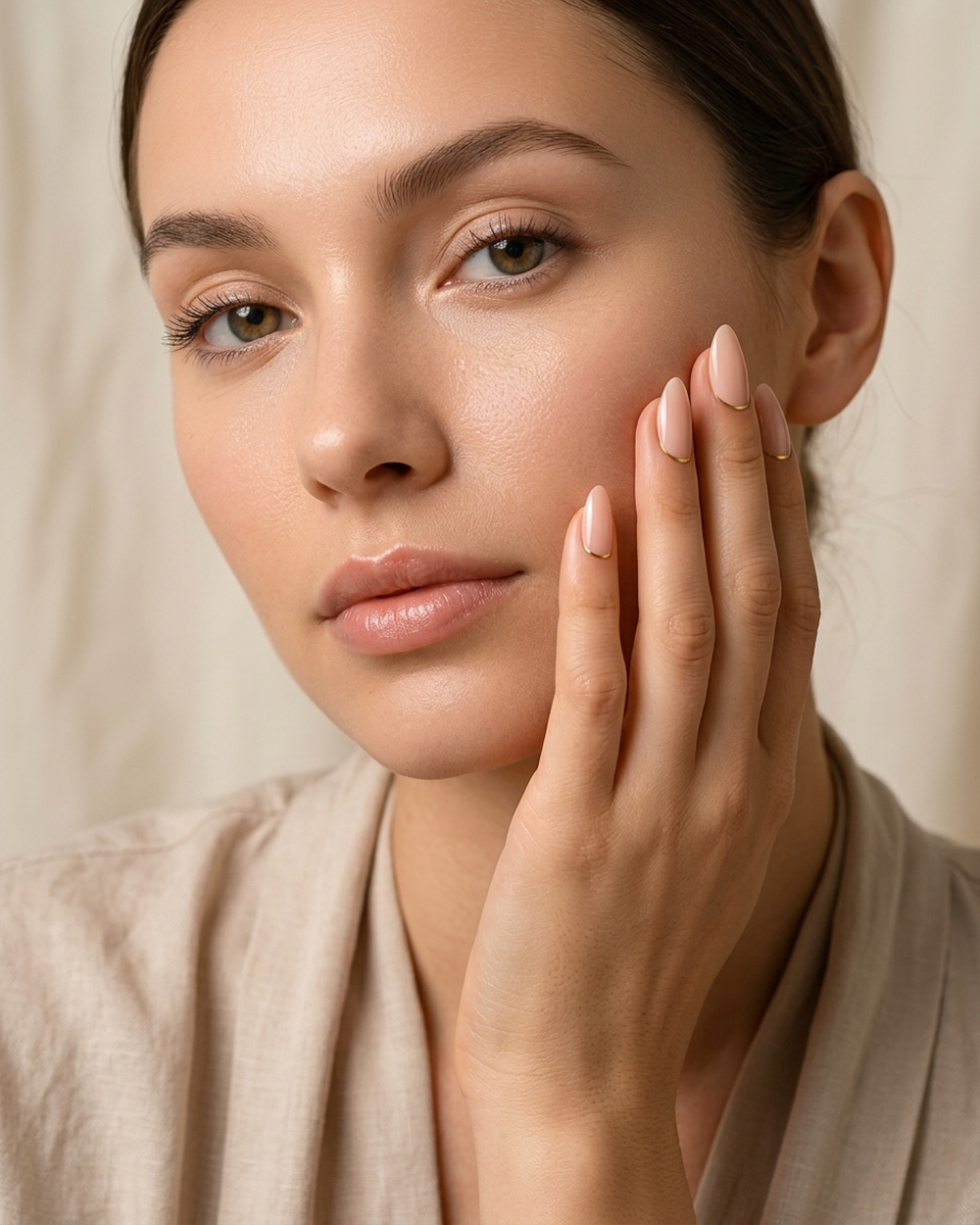 Woman wearing Gloss Goals glossy nude press-on nails