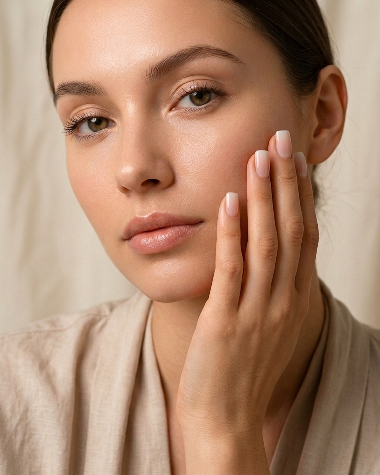 Woman wearing I-Dew pink-to-white ombre press-on nails