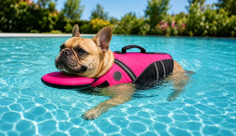 Dog floating with its chin on the Rhykin ChinLift life jacket flap