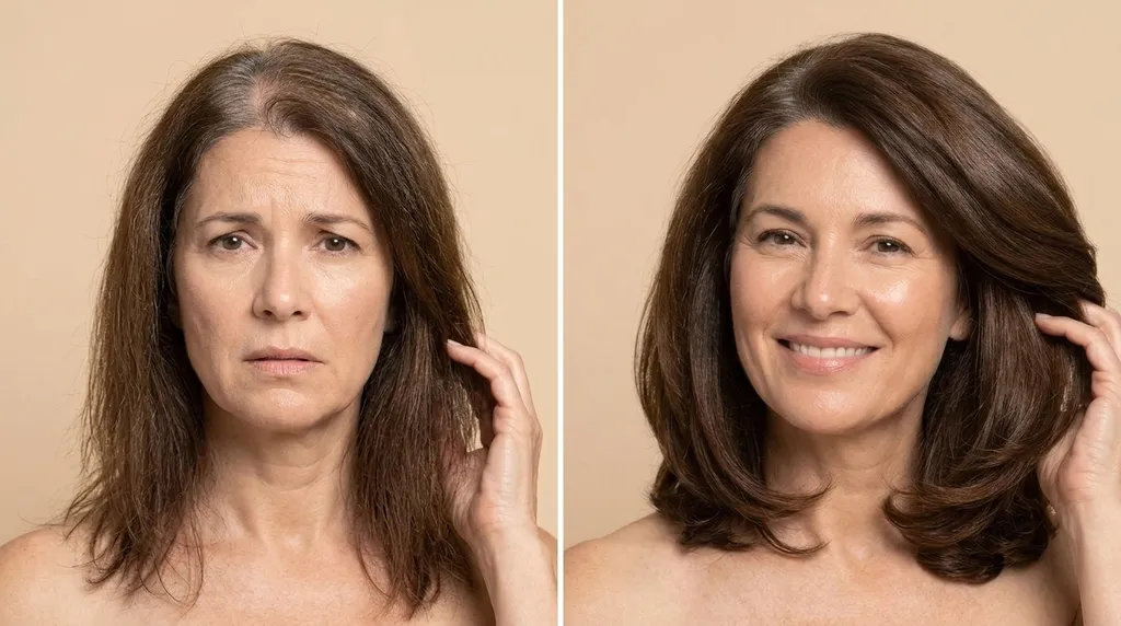 Before and after: a woman's thinning, shedding hair grown back fuller and thicker on Balmbare Hair Revive Gummies