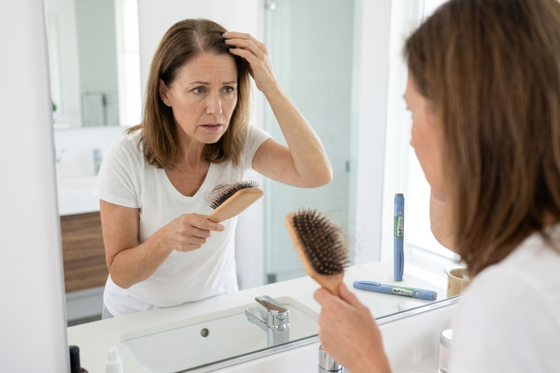 Woman on a GLP-1 weight-loss medication noticing her thinning hair and shedding in the mirror
