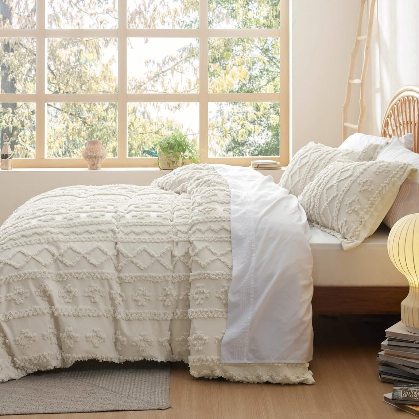Comforter draping past the edges of the bed