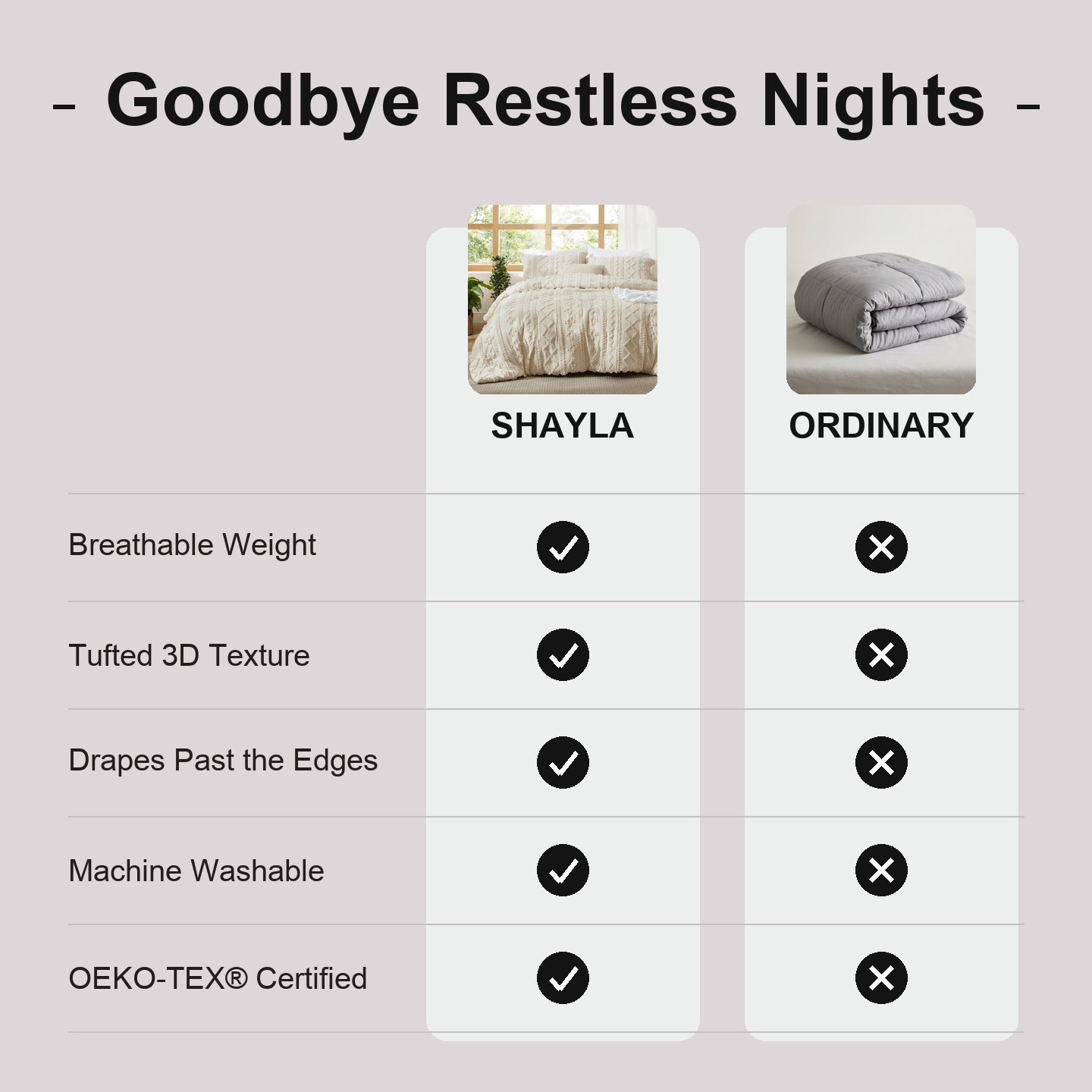 Shayla versus ordinary comforters comparison chart