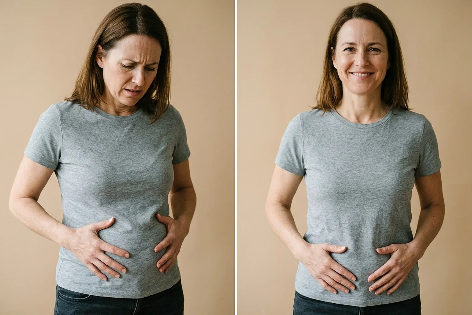 Before and after: a woman whose leaky gut left her bloated and reacting to almost every meal, finally eating comfortably after Tributyrin-X