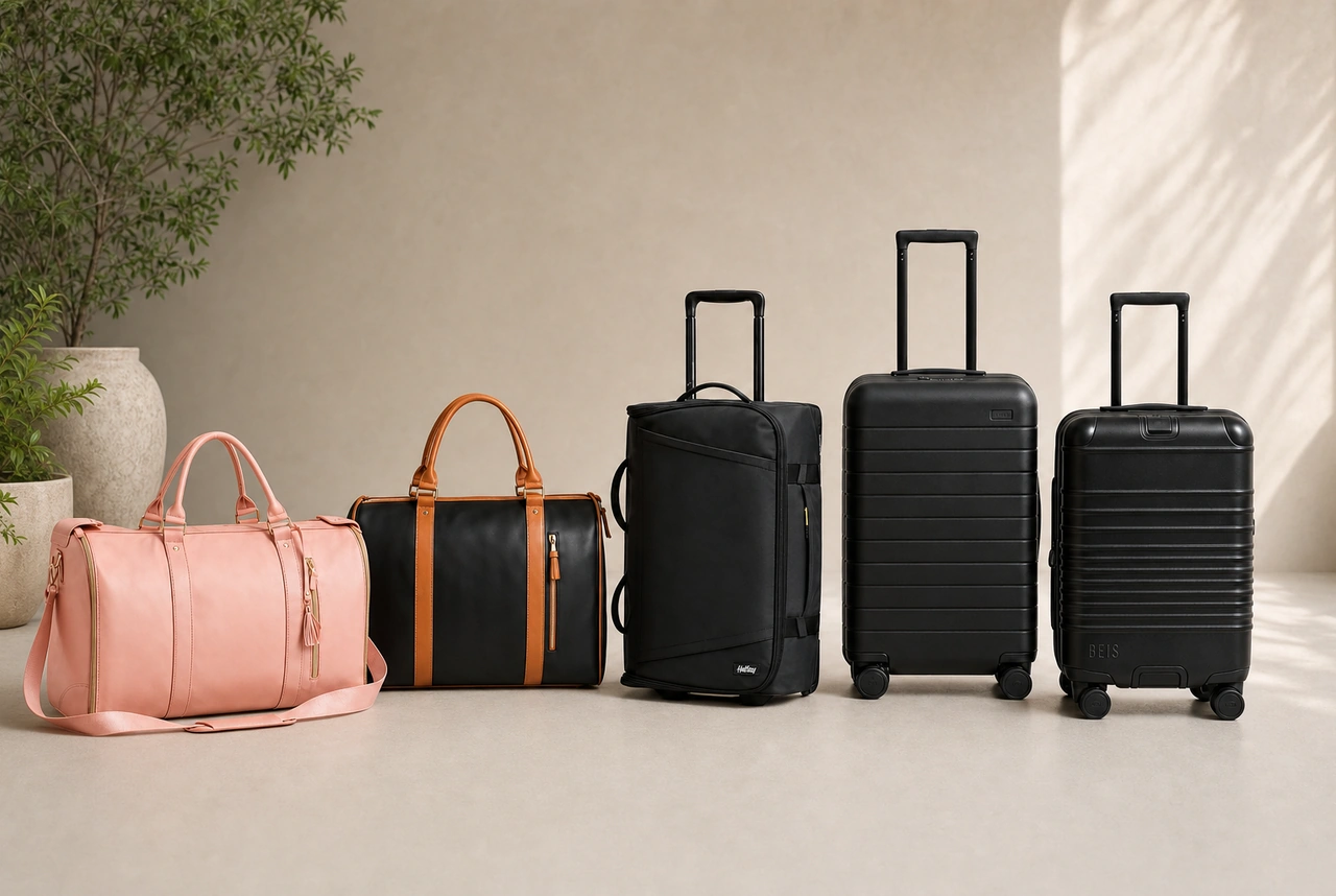The carry-on travel bags we tested, lined up for comparison, including the Luhxe Travel Bag 2.0