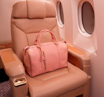 Travel bag resting on an airplane seat
