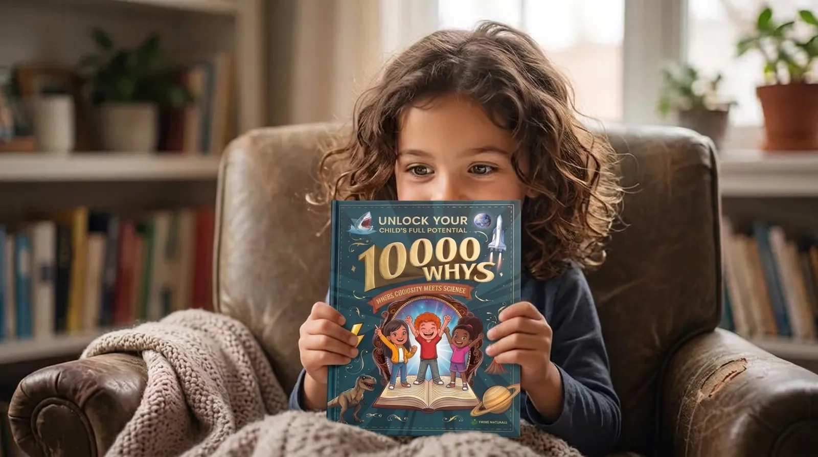 A once screen-focused boy now sitting on the floor, fully absorbed in the Kid's Encyclopedia 10,000 Whys
