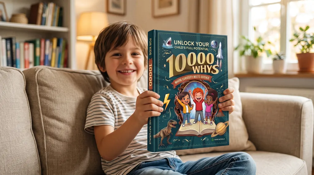 A boy reading the 10,000 Whys book at the breakfast table before school
