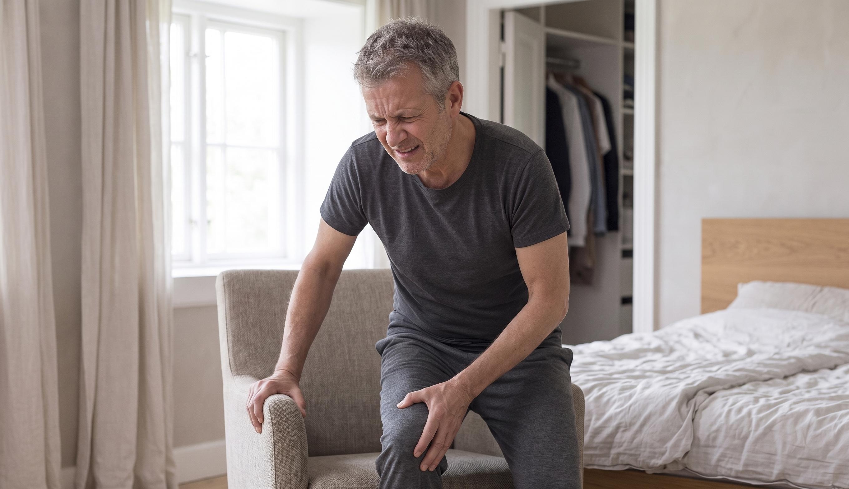 A person wincing with knee pain while getting up from a chair.