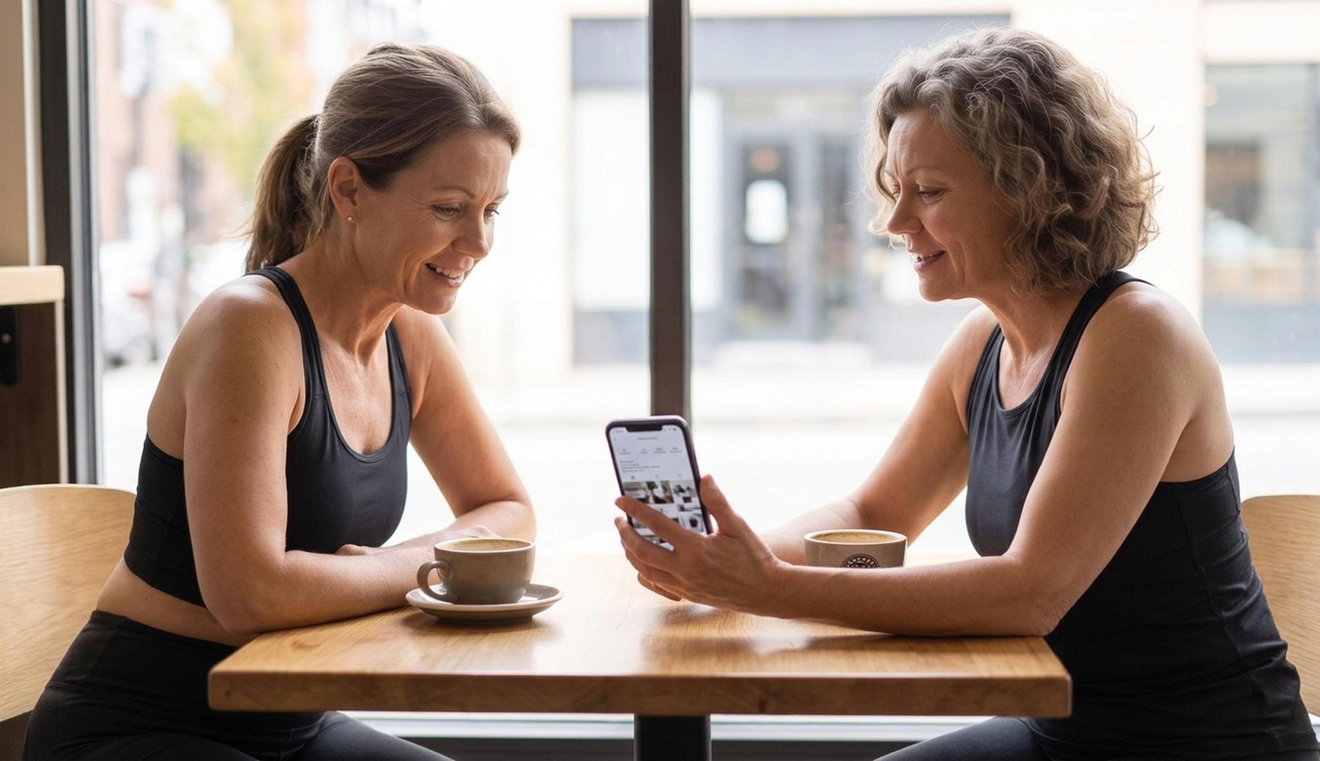 A friend showing me the LEVIDE Knee device over coffee after our pilates class.