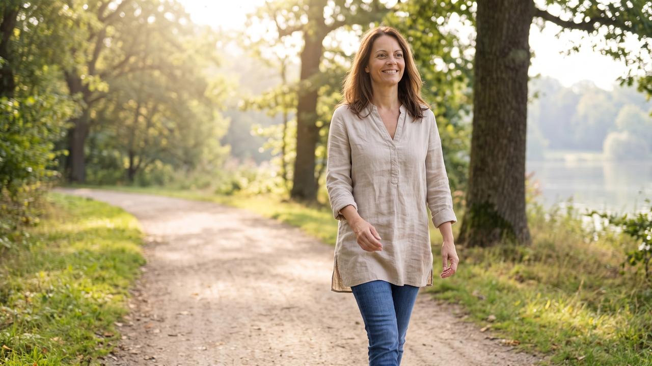 A person walking easily outdoors without knee pain.