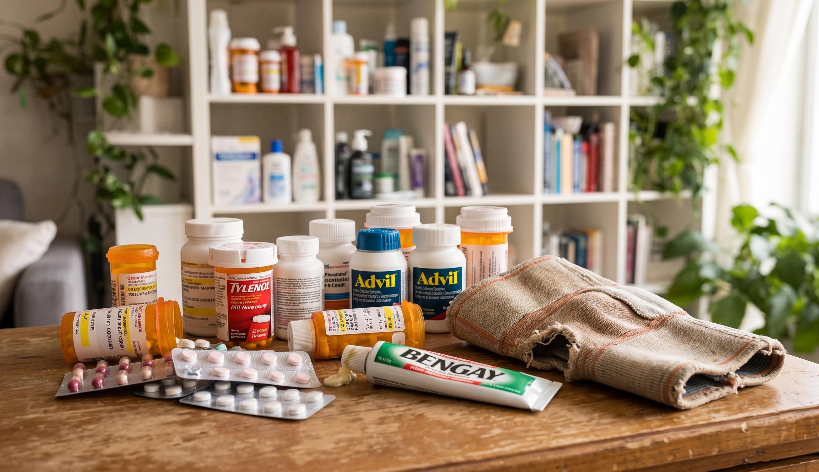 A cluttered shelf of painkiller bottles and old knee braces on the bathroom counter.