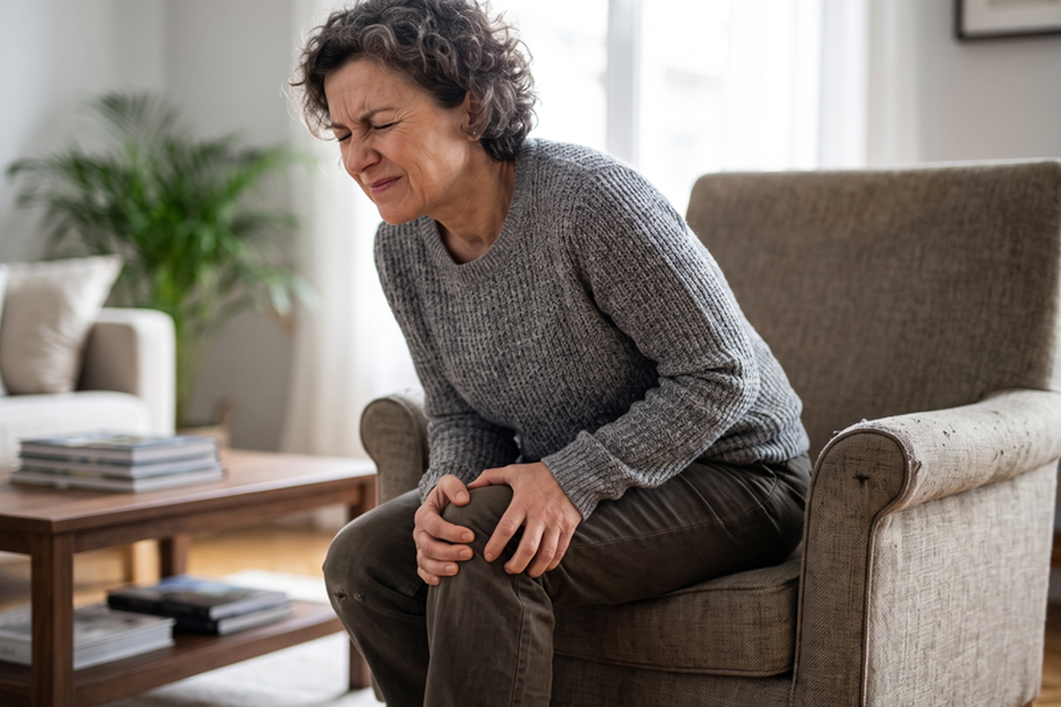 Person gripping their knee in pain while trying to stand up from a chair
