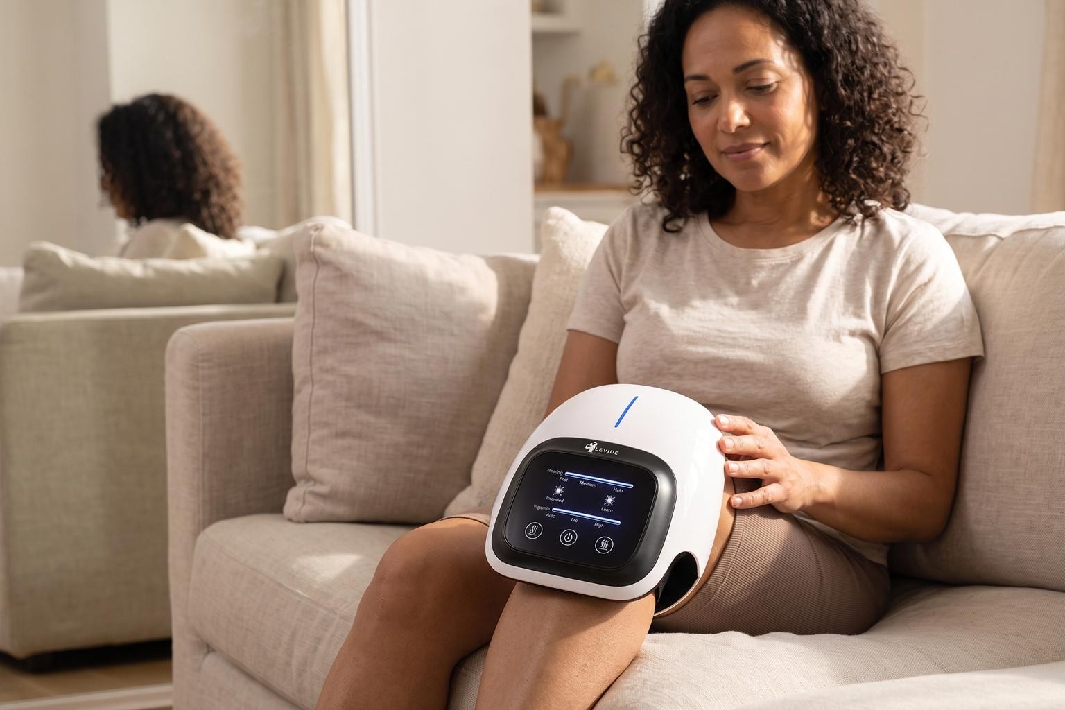LEVIDE Knee Companion 2.0 worn during a daily 10 minute session