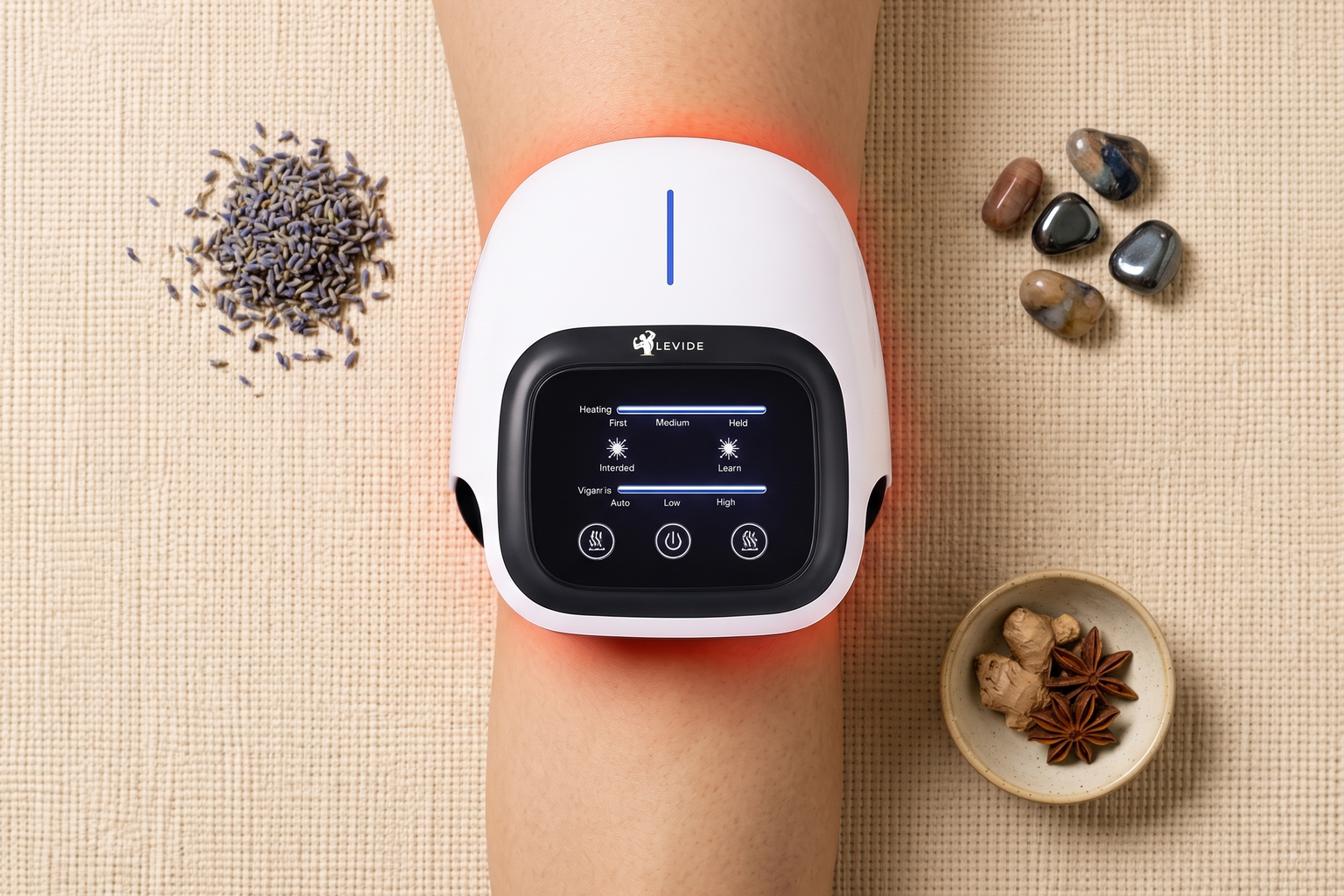 LEVIDE Knee Companion 2.0 showing the red light, heat, and vibration control buttons
