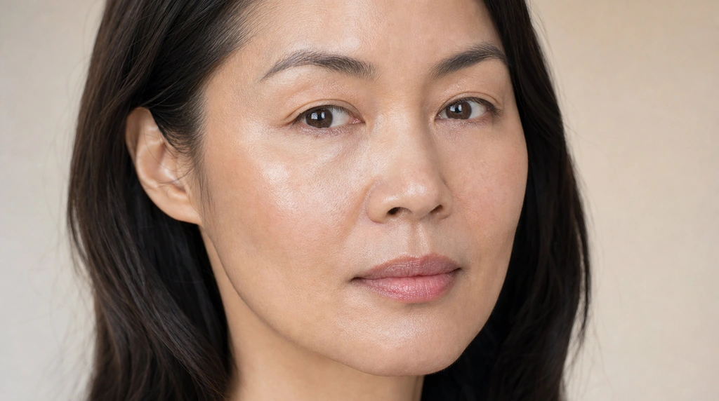Woman in her 40s with smooth, radiant glass skin after using the quasi Collagen Glow Up Mask