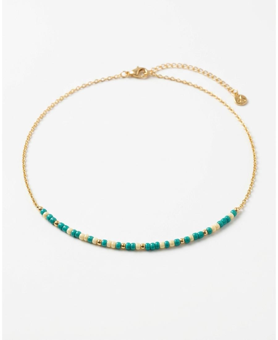 A colorful beaded Morse code necklace on a gold chain