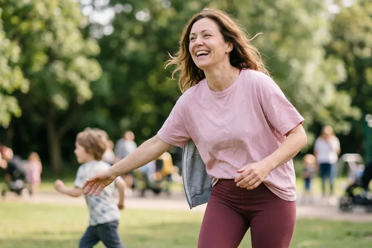 A confident, active woman laughing and playing with her family at the park after using the SculptHer PelviRestore pelvic floor trainer