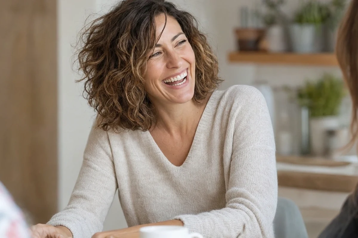 A woman laughing freely with her family after weeks on the SculptHer PelviRestore trainer