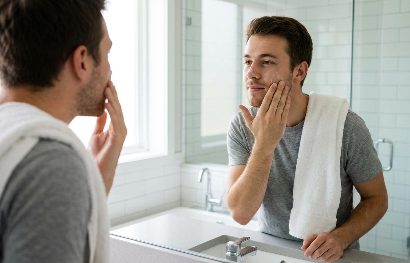 A young man applying moisturizer in a bathroom mirror