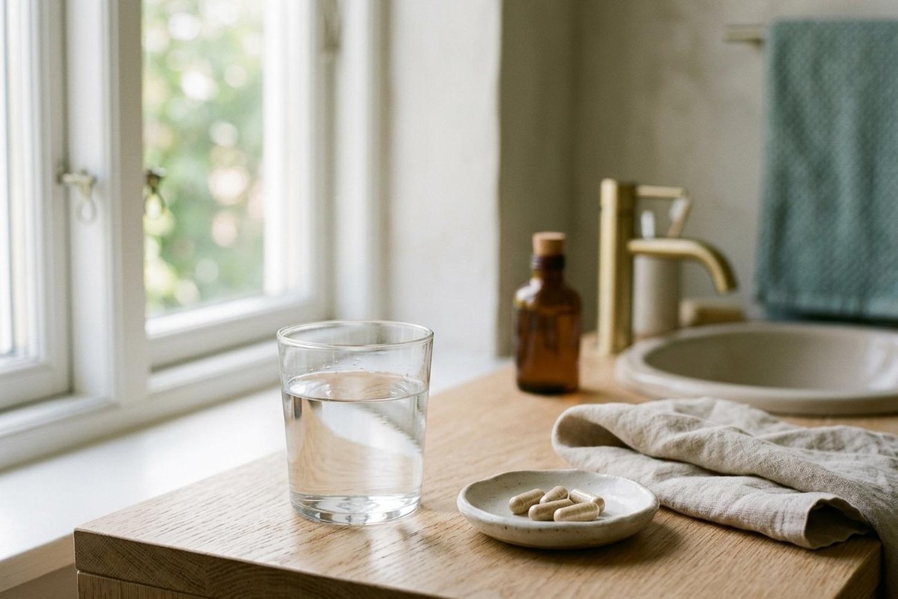 A daily routine: a glass of water and capsules on a bathroom counter in morning light