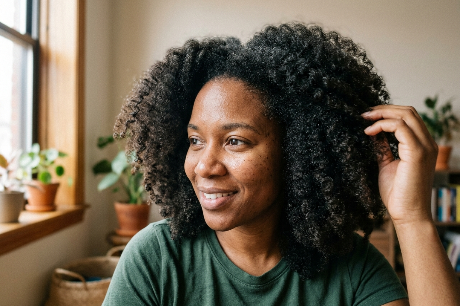 A woman with thick, healthy, glowing natural hair