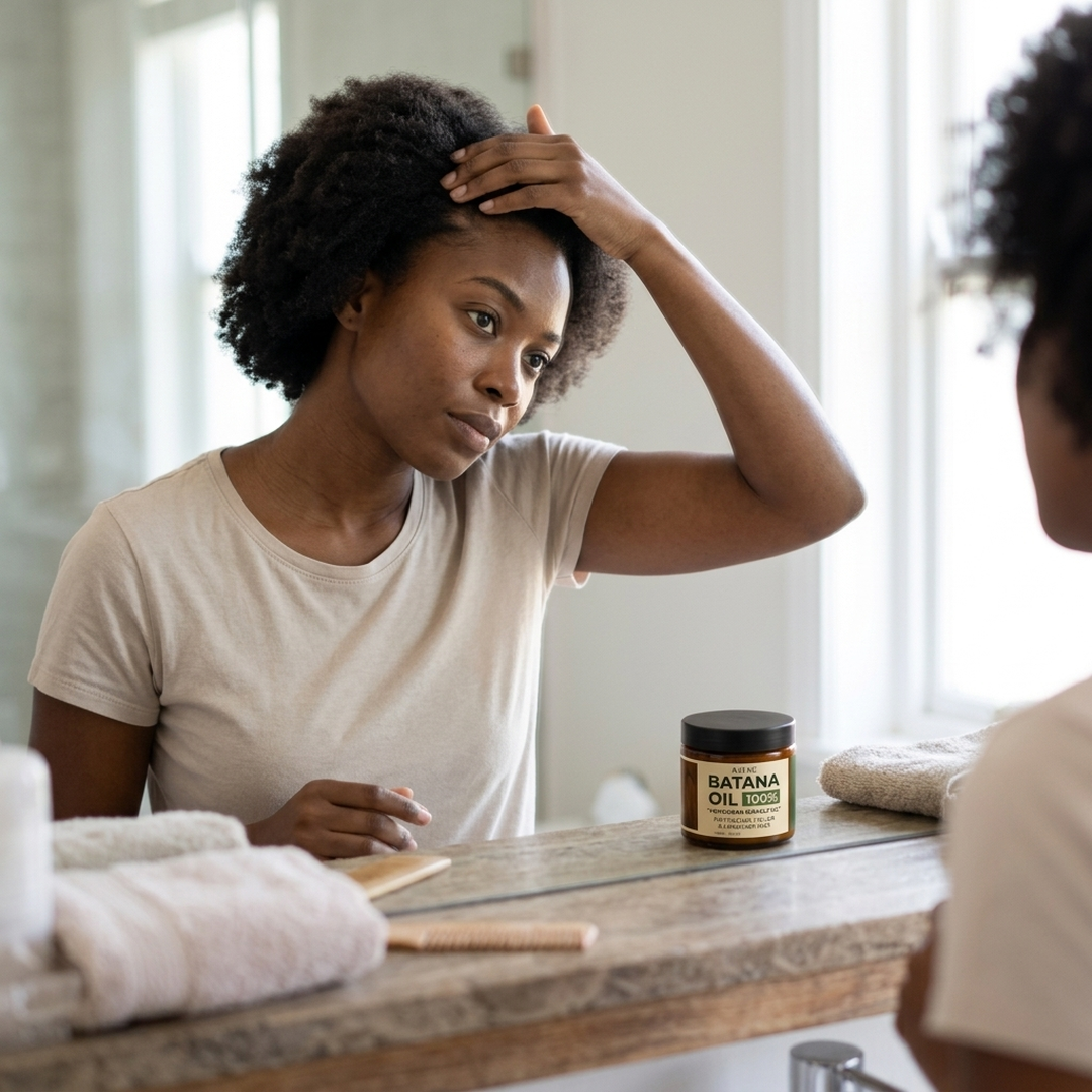 Pure Batana oil being massaged into the scalp and hairline