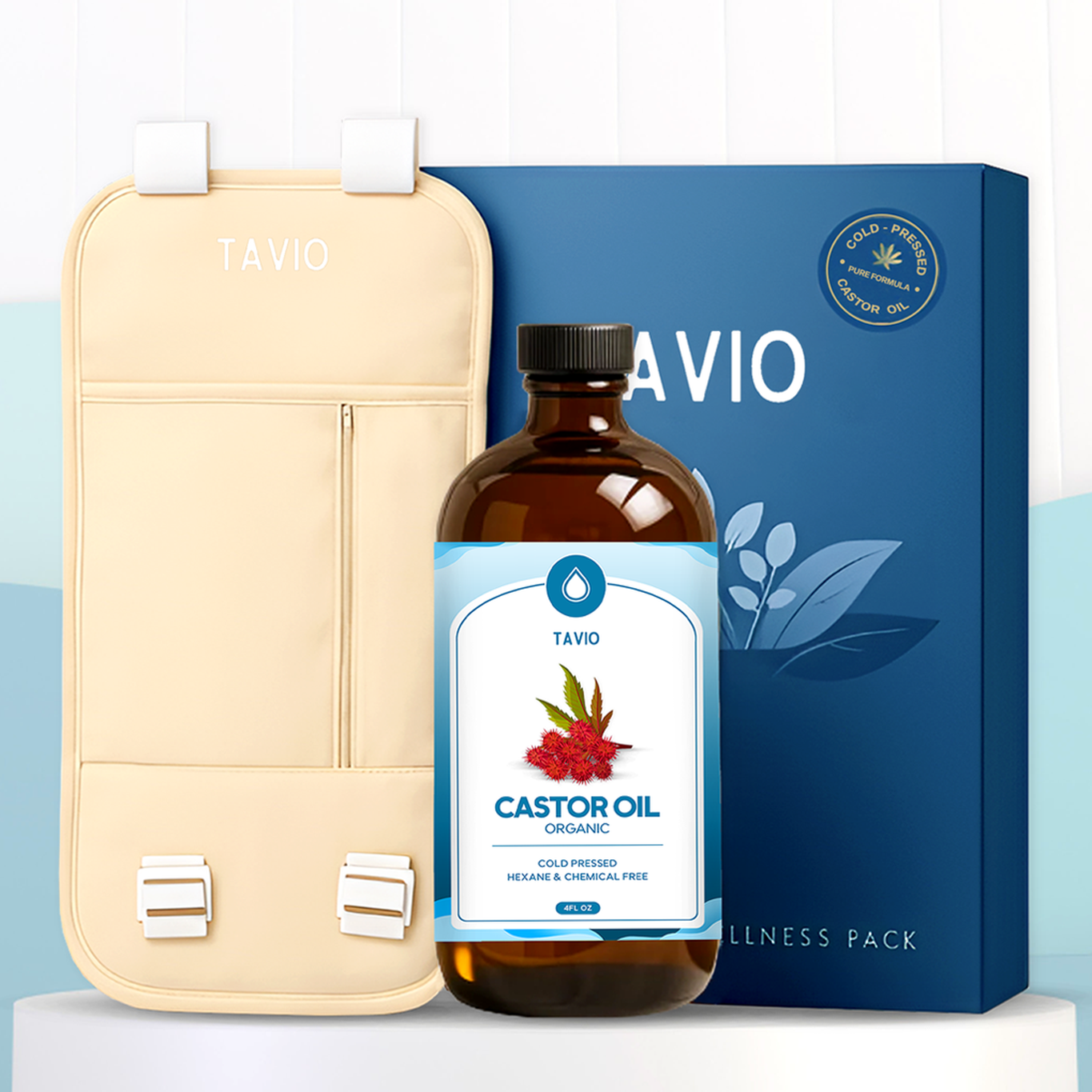 The Tavio castor oil pack, oil, and box