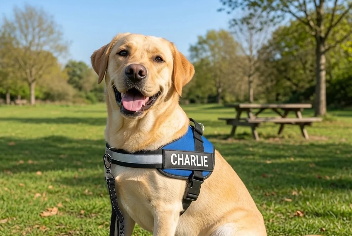 Dog wearing the Dogshood no-pull harness at the park