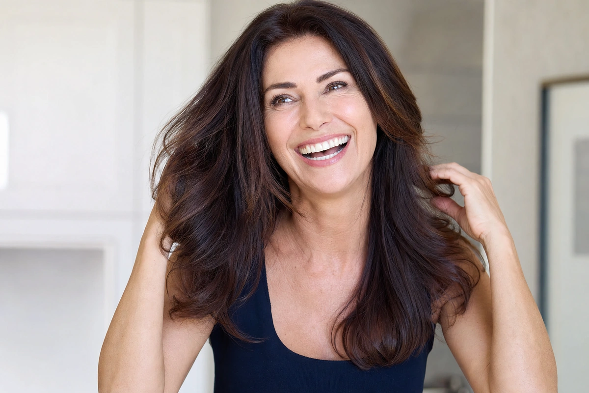 A woman with fuller hair smiling with her family after weeks on Pureveen Thyroid Balance drops