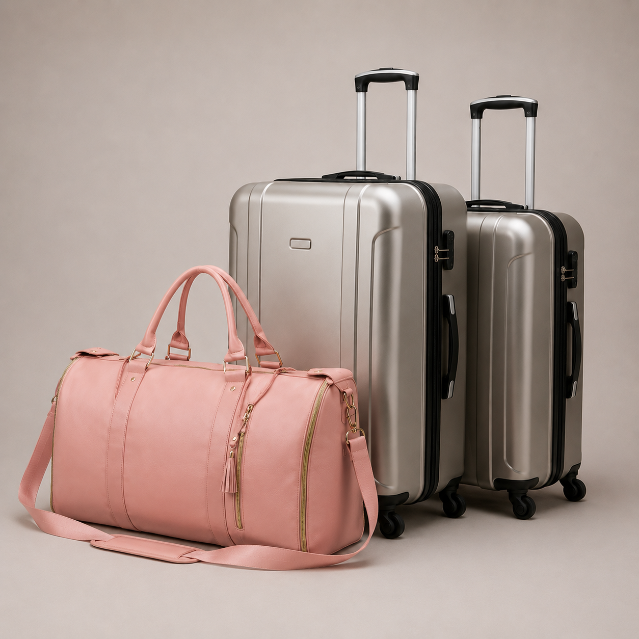 The rose pink Luhxe bag next to two bulky suitcases, showing how much smaller it packs