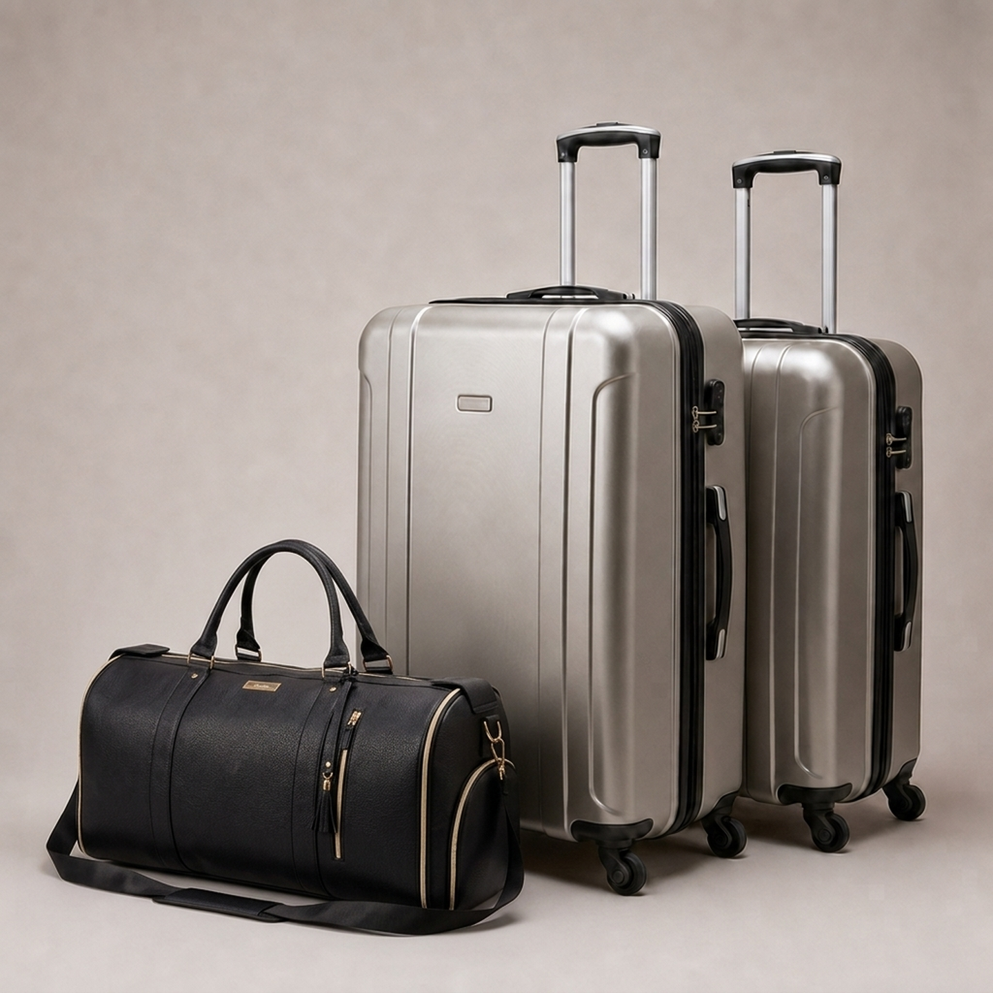The charcoal black Luhxe bag next to two bulky suitcases, showing how much smaller it packs