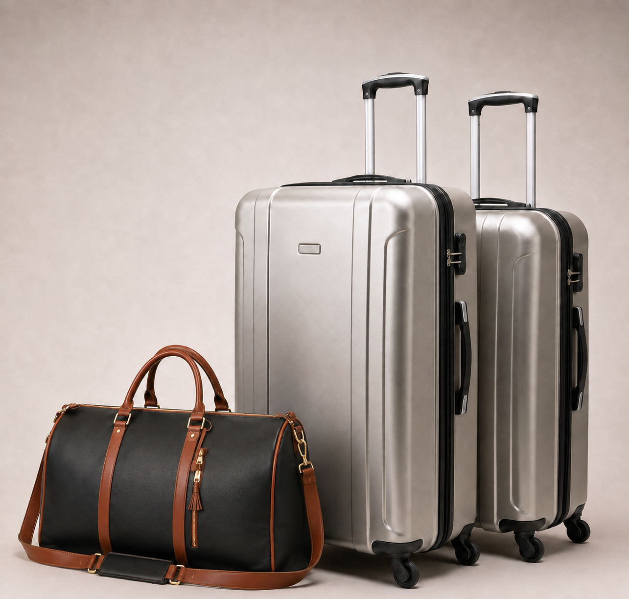 The charcoal Luhxe bag next to two bulky checked suitcases, showing how much smaller it packs