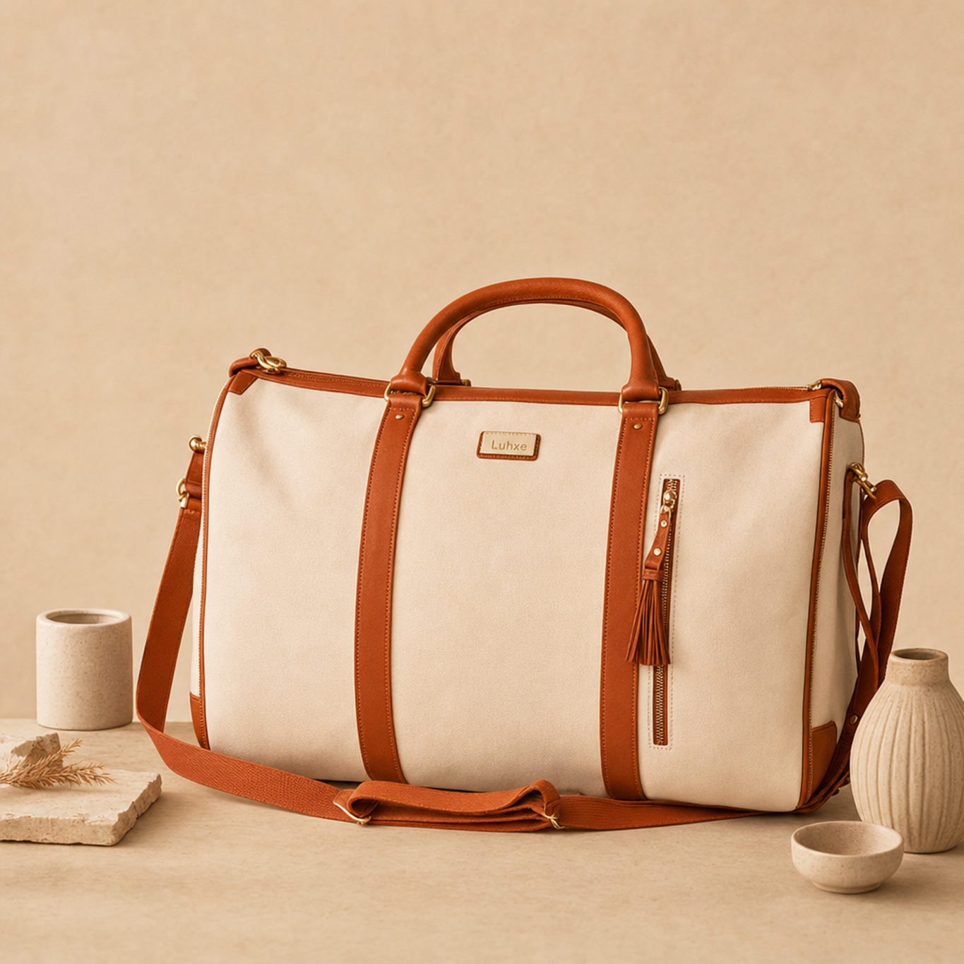 The soft leather Luhxe travel bag, weekender sized, on a clean surface