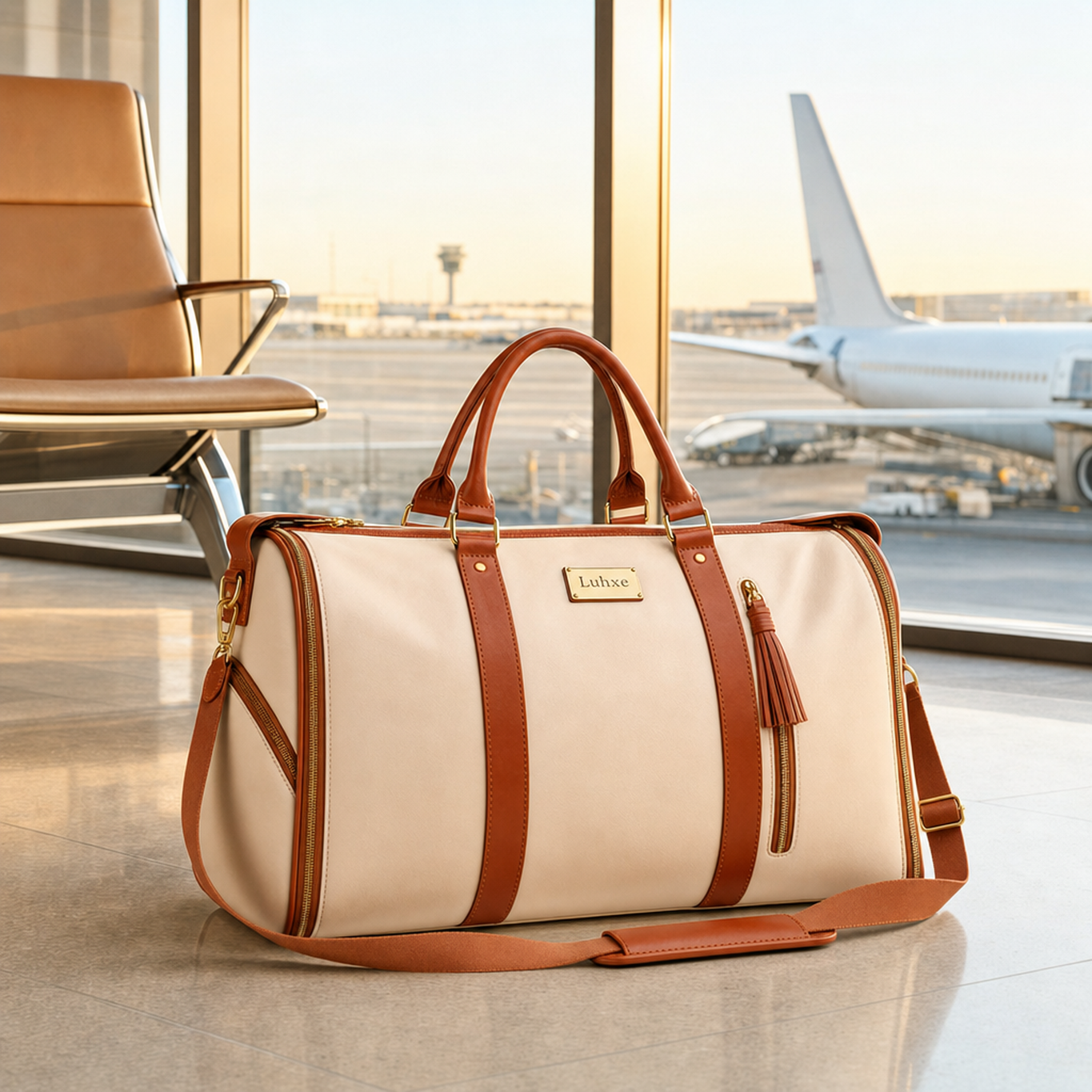 The Luhxe travel bag in soft leather by a runway window in golden light
