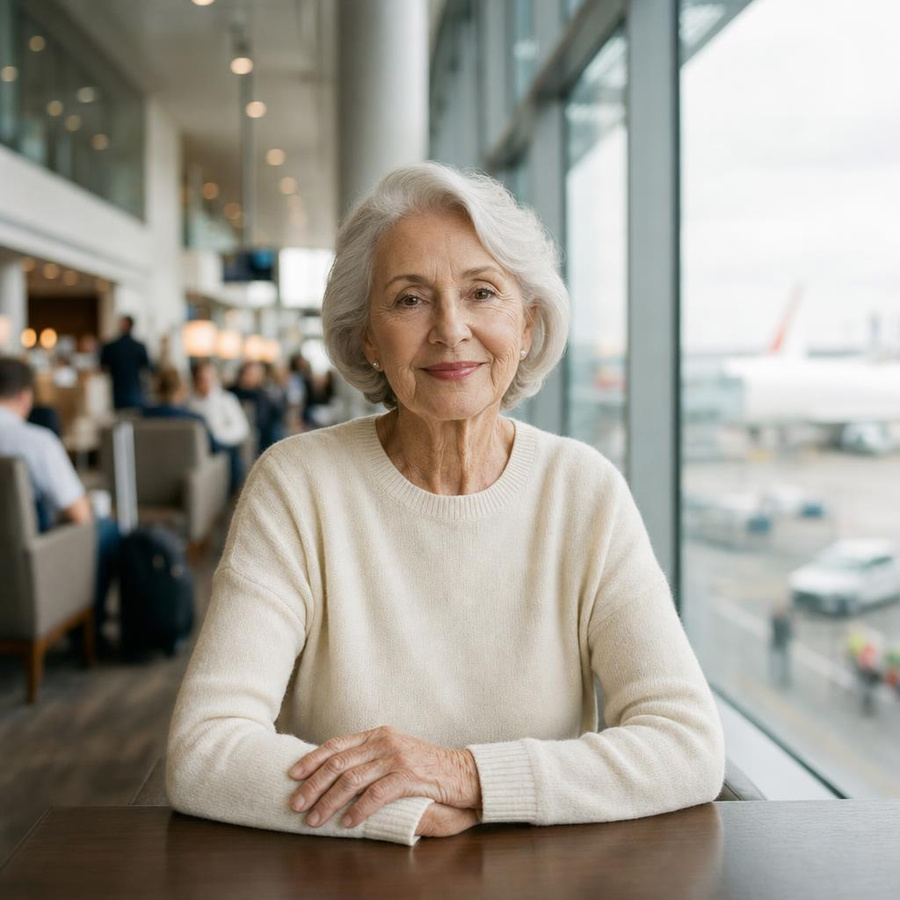 A retired flight attendant, 81, smiling in a tailored jacket in an airport lounge