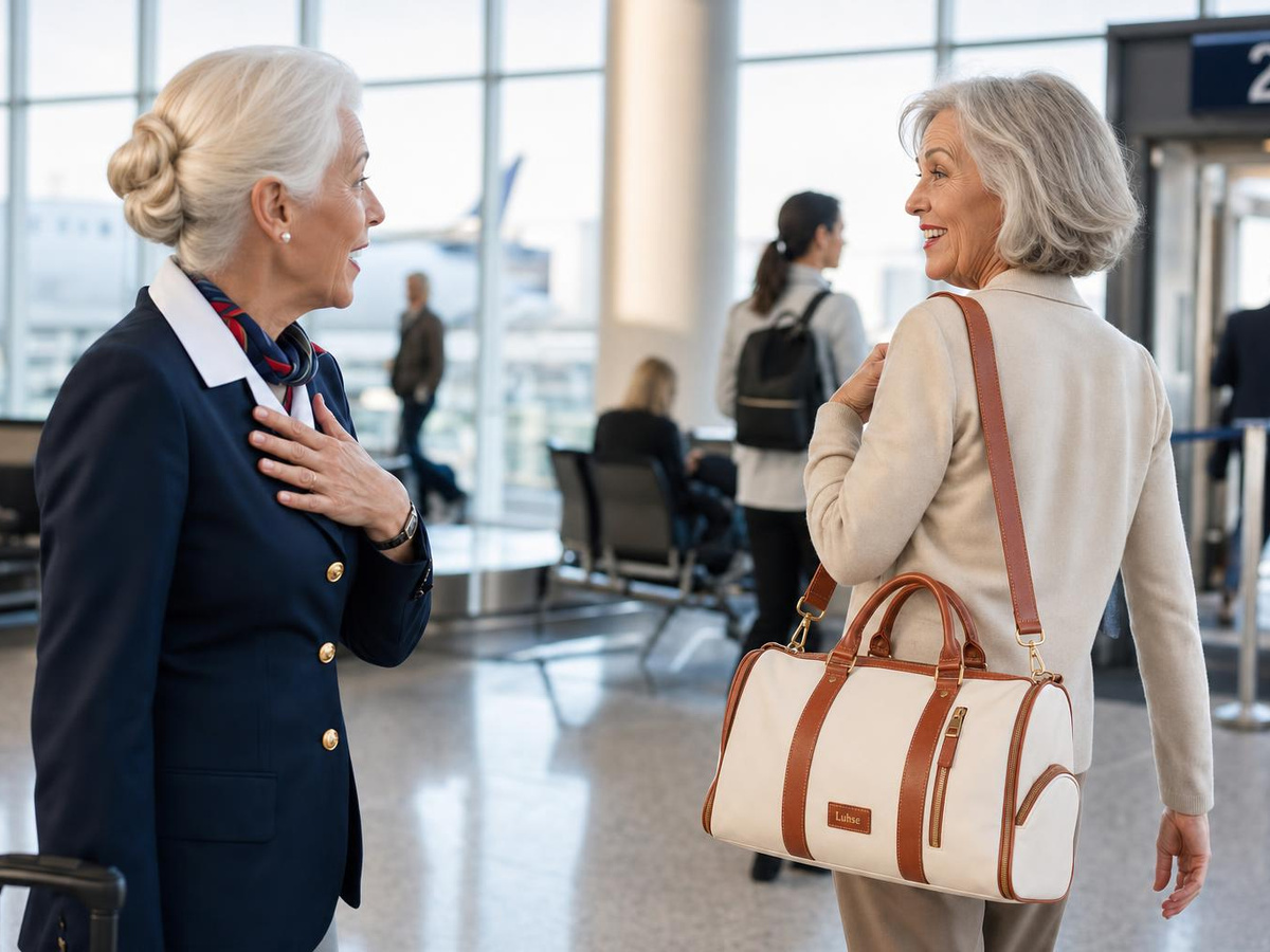 A retired flight attendant at a departure gate recognizing another traveler's soft leather crew-style bag