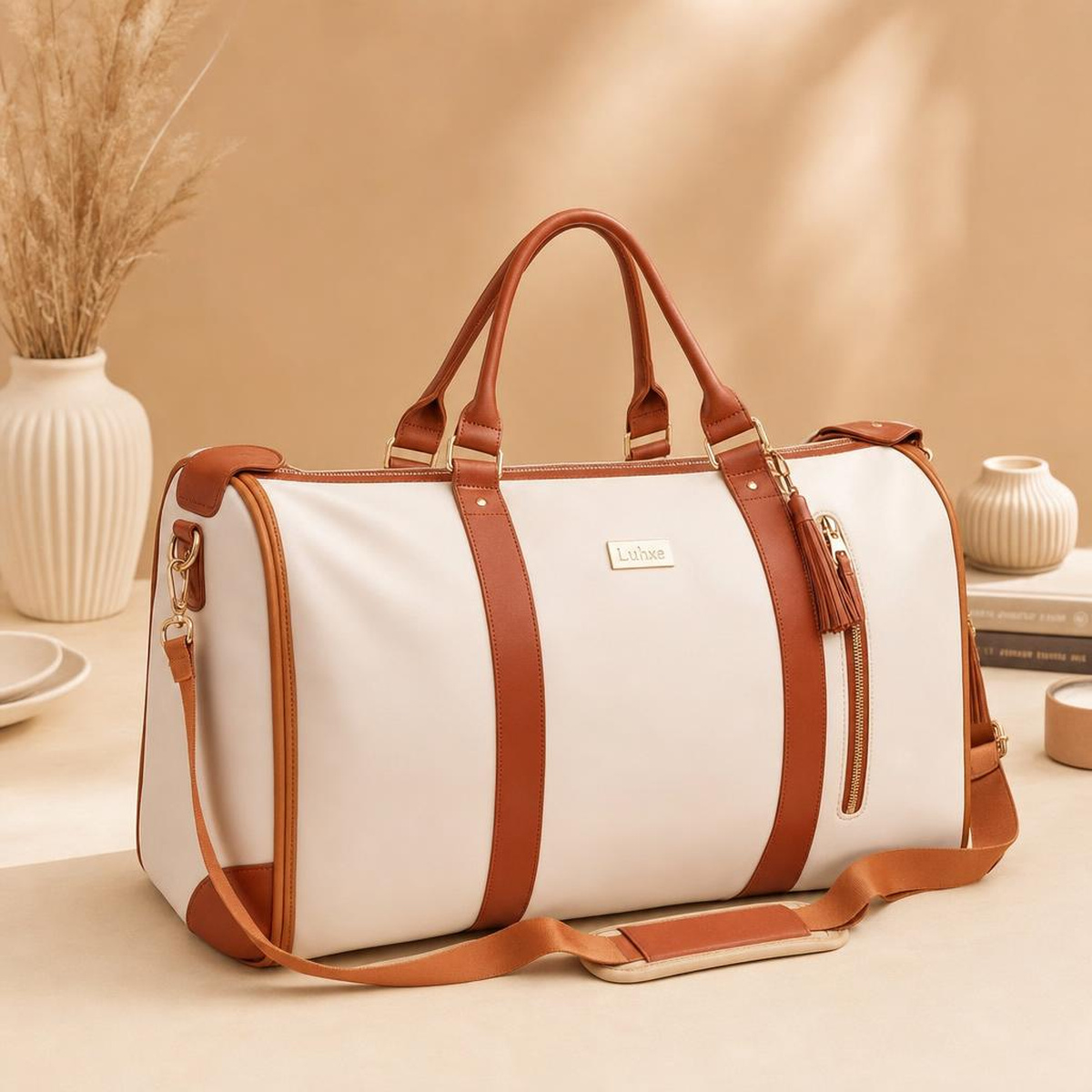 The Luhxe travel bag in soft leather with a long shoulder strap and brass hardware
