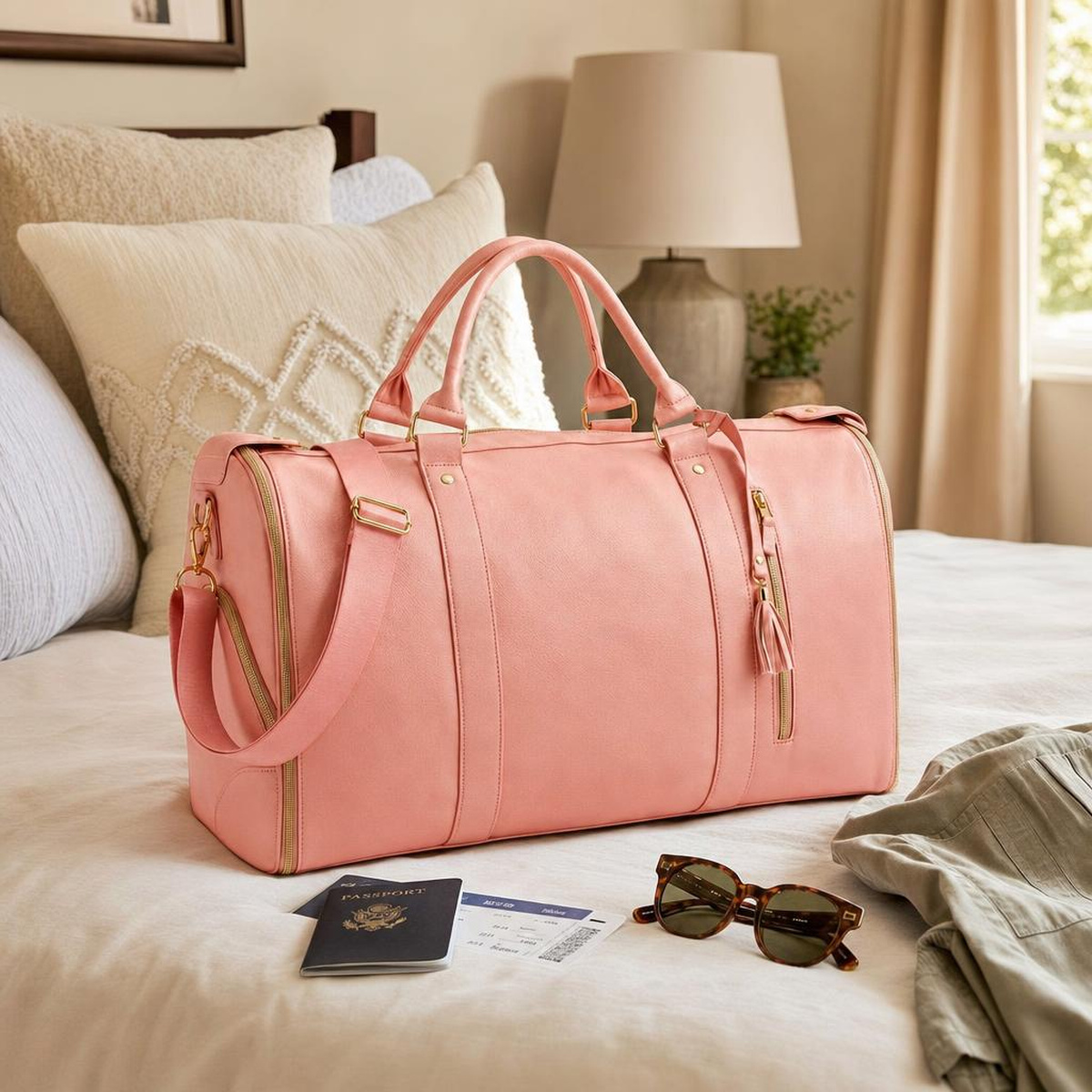 A rose-pink Luhxe travel bag packed on a made bed beside a passport, boarding pass, sunglasses and jacket