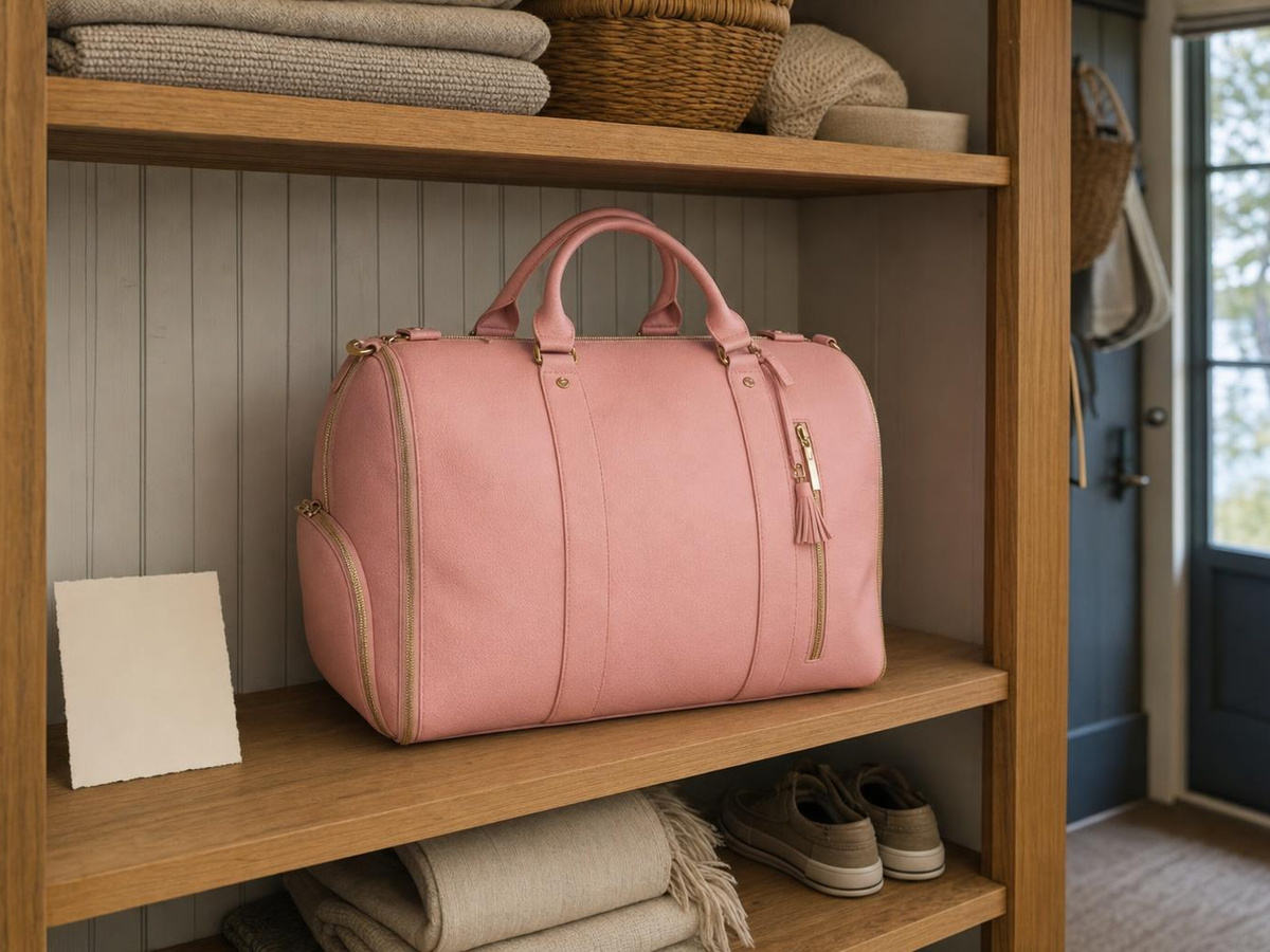 A rose-pink Luhxe travel bag on a hall-closet shelf in a lake house, a small handwritten card propped beside it