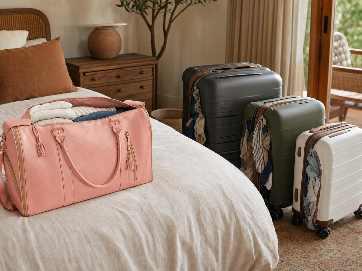A rose-pink Luhxe travel bag packed open on a bed with three overpacked rolling suitcases on the floor nearby