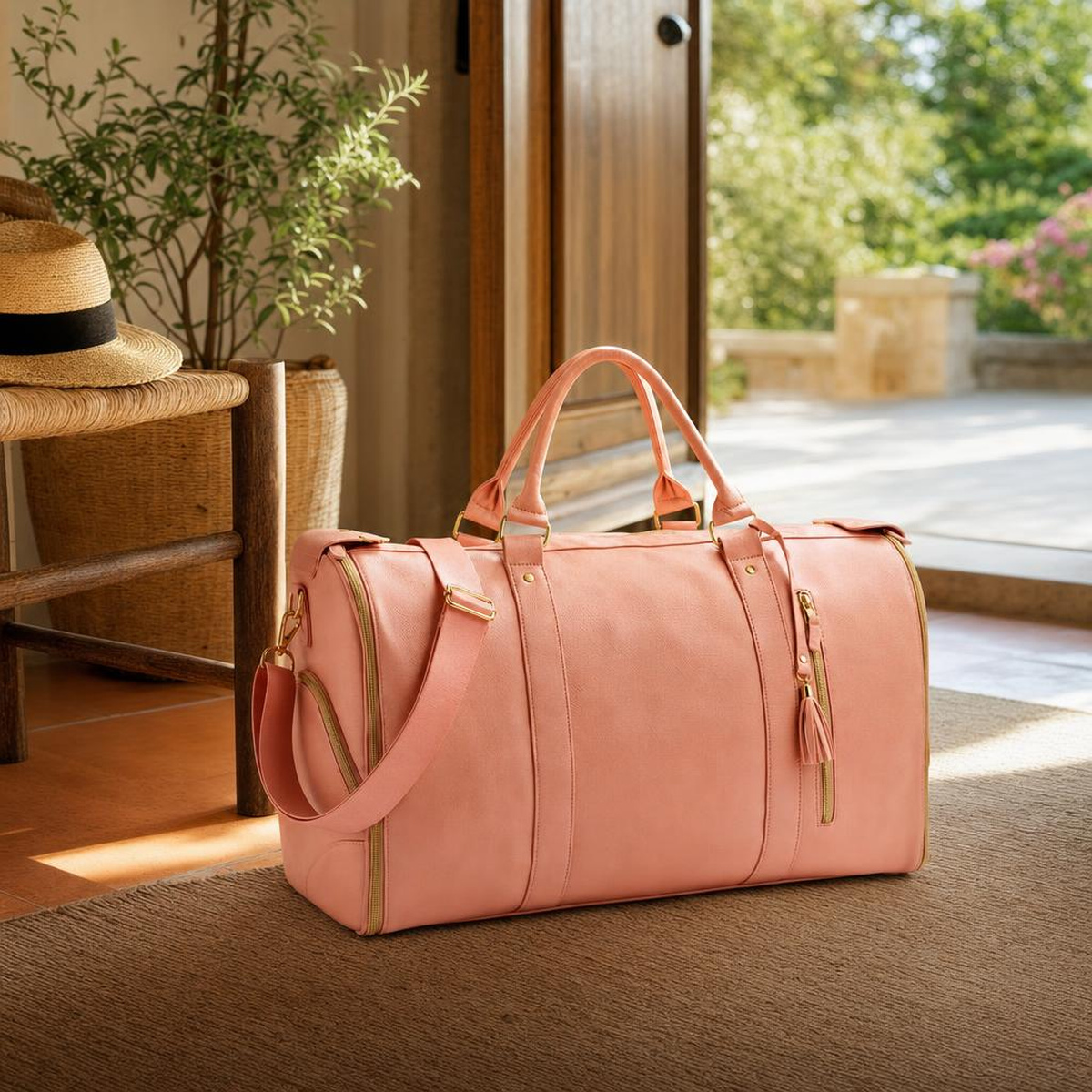 A woman at an airport with a single rose-pink Luhxe bag over her shoulder while travelers behind her wrangle large suitcases